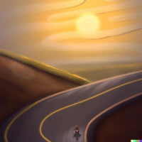 Winding asphalt road curving through rolling hills under an orange sunset sky