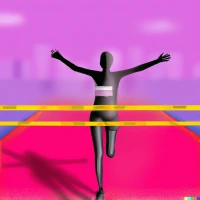 Silhouette of person with arms raised standing on colorful geometric surface with purple and pink background
