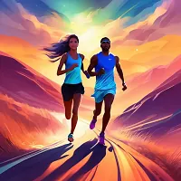 Two runners jogging together on a road with colorful sunset sky and mountains in background