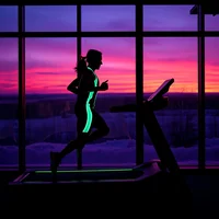Silhouetted elite runner in neon kit on treadmill against twilight window with heat shimmer, documentary style