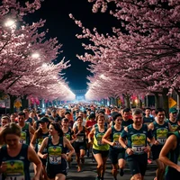 Diverse marathon runners in reflective gear and headlamps encourage each other under glowing cherry blossoms at night, stadium lights blazing.