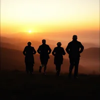 Grainy film photo of four older adult runners silhouetted against a misty twilight sky over rolling autumn hills.