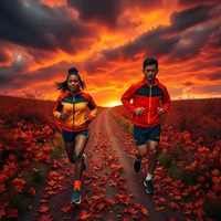 Stained glass mosaic aerial view of two adult runners in 80s retro gear on an amber autumn trail under stormy twilight skies.
