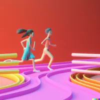 Two stylized figures running on curved colorful tracks against a red background
