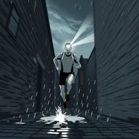 Retro poster illustration of a solo elite runner in monochrome kit sprinting through dark storm-lit winter alleys, headlamp blazing.