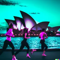 Silhouettes of three people running along waterfront with Sydney Opera House in background under teal sky