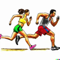 Two runners in athletic gear running side by side on a track