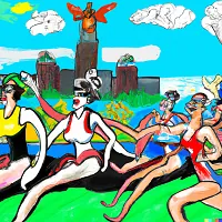 Colorful cartoon illustration of several runners racing on a track with buildings and volcano in background