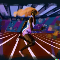 Stylized runner in motion on a track with colorful geometric background