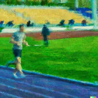 Runners on outdoor track with green field and blue running lanes