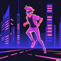Stylized figure running in bright pink and purple neon colors against a futuristic city skyline backdrop