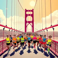 Large group of runners racing across a red suspension bridge on a sunny day