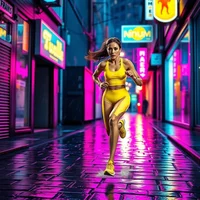 Woman in yellow sports kit sprinting through a rain-soaked neon-lit city alley at night