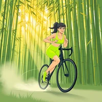 Anime-style woman riding a road bike through a sunlit bamboo forest in green athletic wear