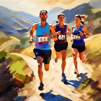 Three runners in athletic gear running together on a path with mountains in the background