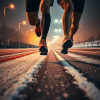 Low-angle close-up of a runner's legs in orange shoes sprinting on a red track at night, street lights glowing behind