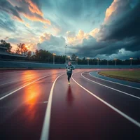 Lone runner on a red athletics track under a dramatic cloudy sky with warm light reflecting off the lanes