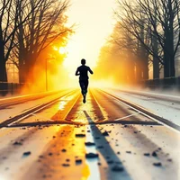 Lone runner on a wet road at sunrise, flanked by bare trees with golden light ahead