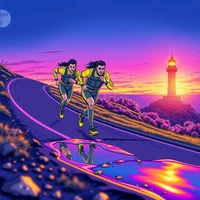 Two runners sprinting along a coastal road at dusk, with a glowing lighthouse and purple sunset sky in the background