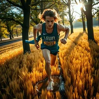 Runner racing through a golden field lined with trees in bright sunlight