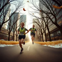 Two runners in hi-vis vests running down a wide urban road lined with bare winter trees and tall buildings