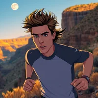 Illustrated young male runner on a canyon trail at sunset with a full moon in the sky