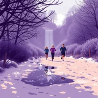 Three people running along a purple-hued forest path toward a waterfall in a wintry landscape