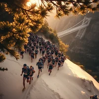 Large group of runners ascending a steep sandy mountain slope with a suspension bridge and canyon in the background