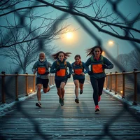 Four runners in orange vests running across a wooden bridge in foggy winter conditions, viewed through a chain-link fence