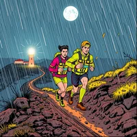 Comic-style illustration of two runners wearing backpacks on a rocky coastal trail at night in rain, lighthouse behind them
