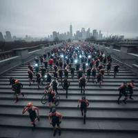 Large group of cyclists and runners gathered on wide outdoor steps with a city skyline in the background