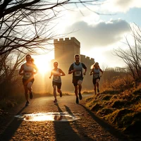 Group of runners on a sunlit road with a stone tower and bare winter trees in the background