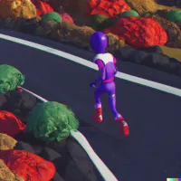 3D-rendered purple figure running on a road with white lane markings, flanked by colorful red and green stylized rocks
