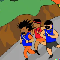 Cartoon illustration of three runners in blue and orange outfits jogging together on a path