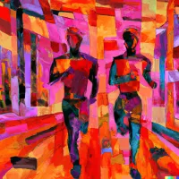 Abstract painting of two runners side by side on a street, with bold red, orange and pink geometric shapes