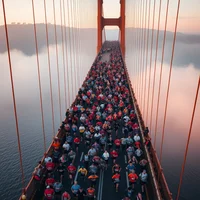 Large crowd of people walking across a suspension bridge at dawn or dusk