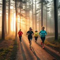 Group of runners running through a misty forest at dawn