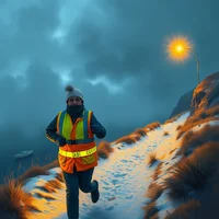 Person in hi-vis yellow vest running along a snow-dusted path under a stormy blue-grey sky