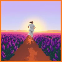 Person in white clothes running away from viewer along a dirt path through purple lavender fields toward a bright sunset