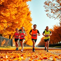 Four runners in orange race bibs running along an autumn tree-lined path covered in fallen leaves