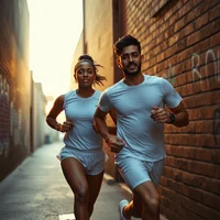 Man and woman in light blue athletic wear jogging together through a narrow brick alleyway at sunset
