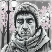 Pencil-style illustration of a somber man in a knit hat and puffer jacket surrounded by bare winter trees