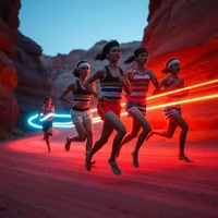 Group of women running through a red rock canyon with glowing cyan and red light trails around them