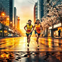 Two runners racing on a wet urban street at golden-hour sunset, surrounded by city buildings and blossoming trees