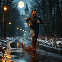Man jogging on a wet road at night under a full moon with bare trees and glowing street lights