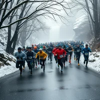 Large group of runners racing on a wet road lined with snow and bare trees in foggy winter conditions