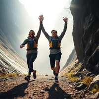 Two people running with arms raised through a narrow rocky canyon with dramatic lighting