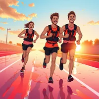 Three runners in orange and black athletic gear running on a red track at sunset