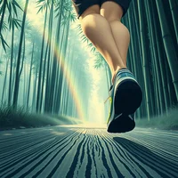 Close-up of a runner's legs and sneakers on a wooden path flanked by tall bamboo trees