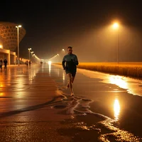 Lone runner jogging along a wet reflective promenade at night under glowing orange street lights